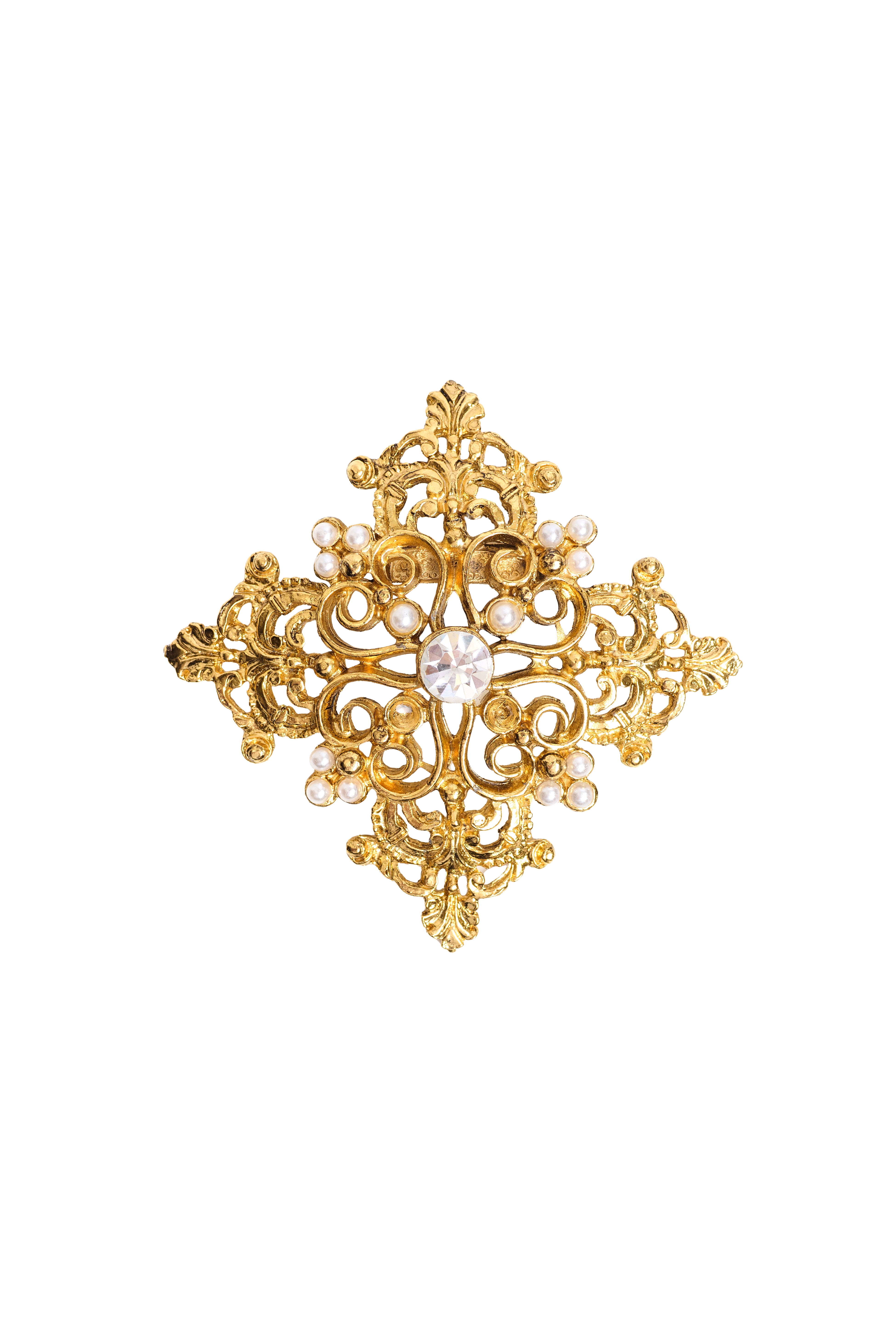 Gold Plated Ornate Cross Brooch with Pearls