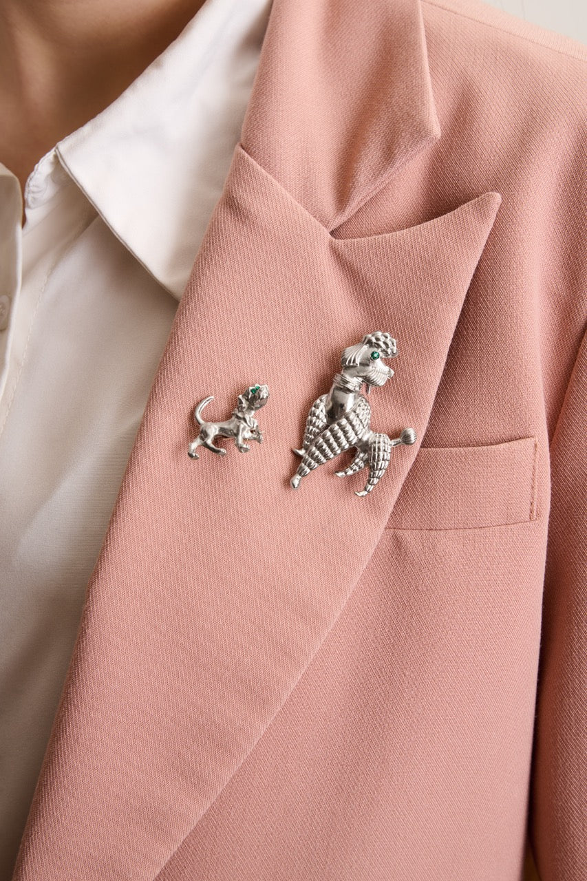 Silver Poodle & Puppy Brooch Pair