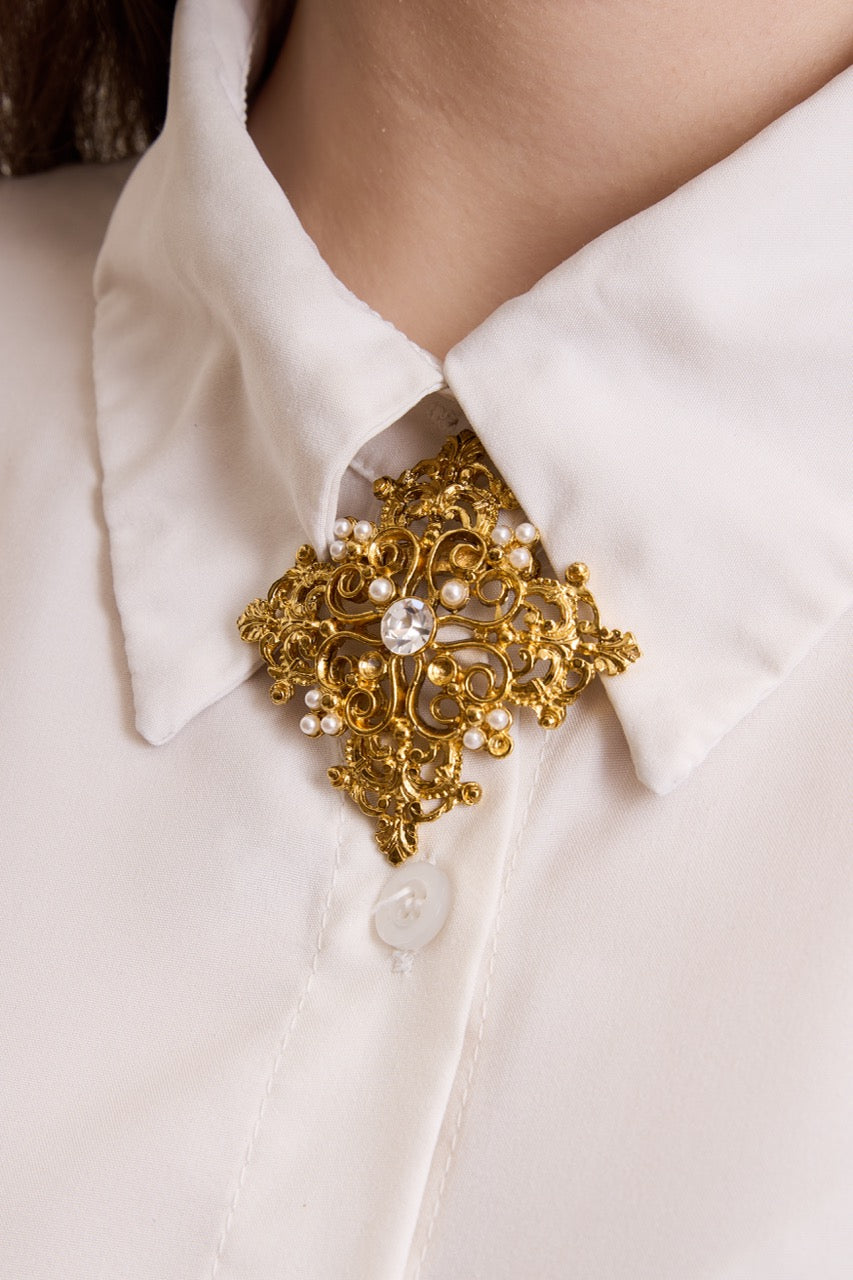 Gold Plated Ornate Cross Brooch with Pearls
