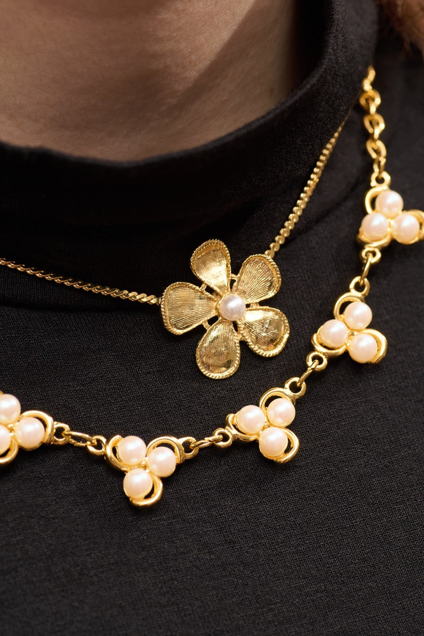 Floral Pearl Double Chain Necklace