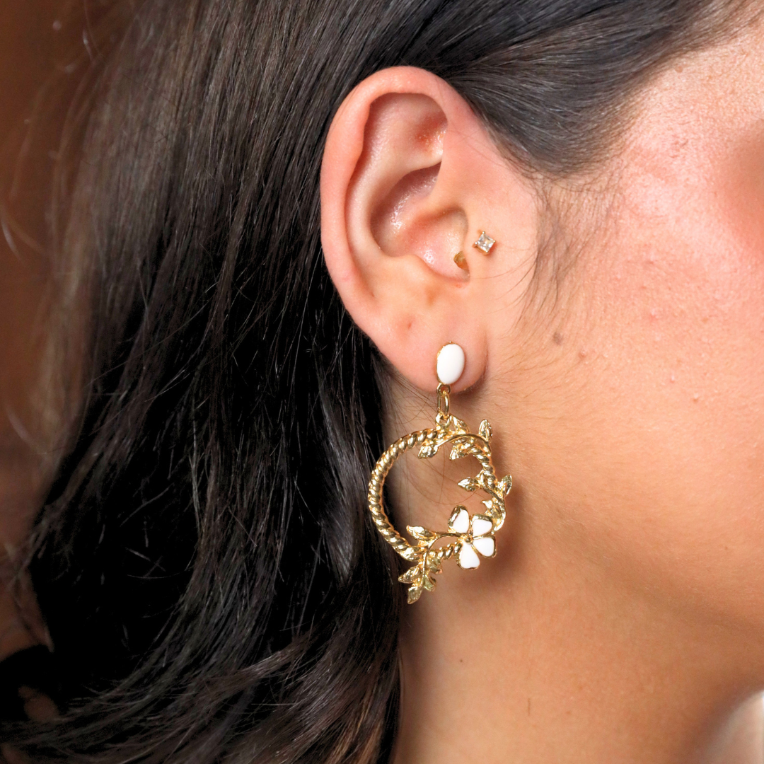Cream Flower Hoop Earrings