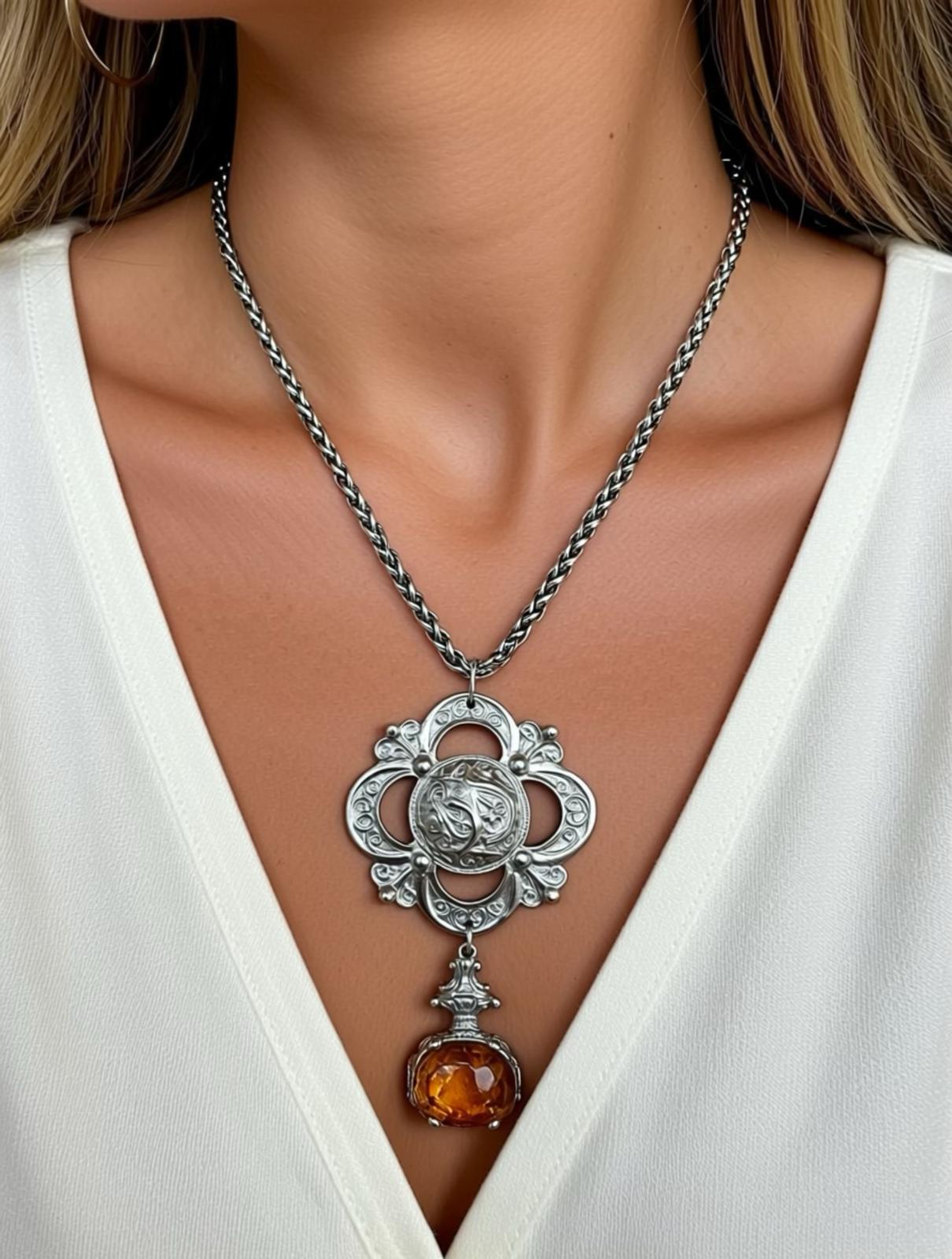 Ornate Amber Pendant Necklace