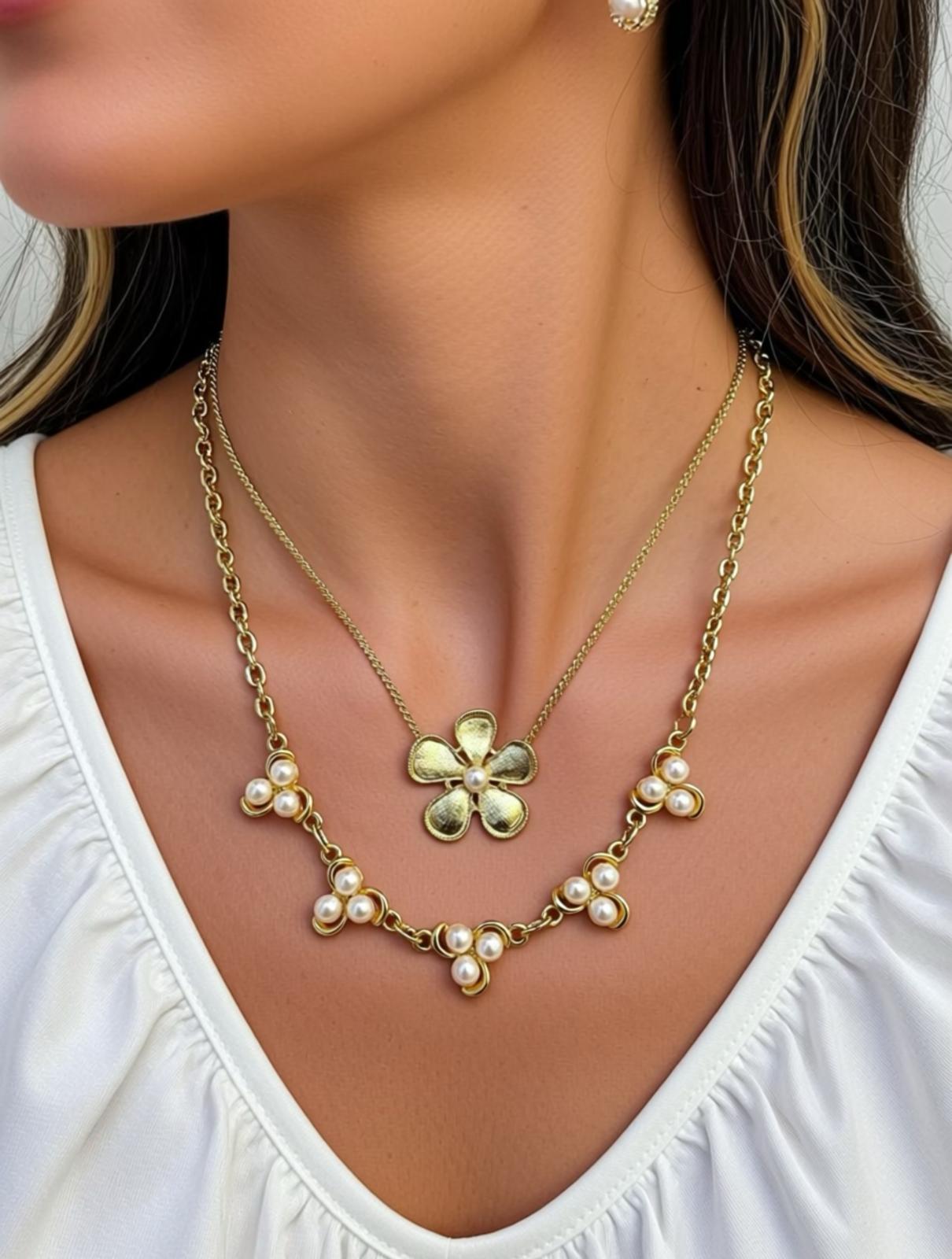 Floral Pearl Double Chain Necklace