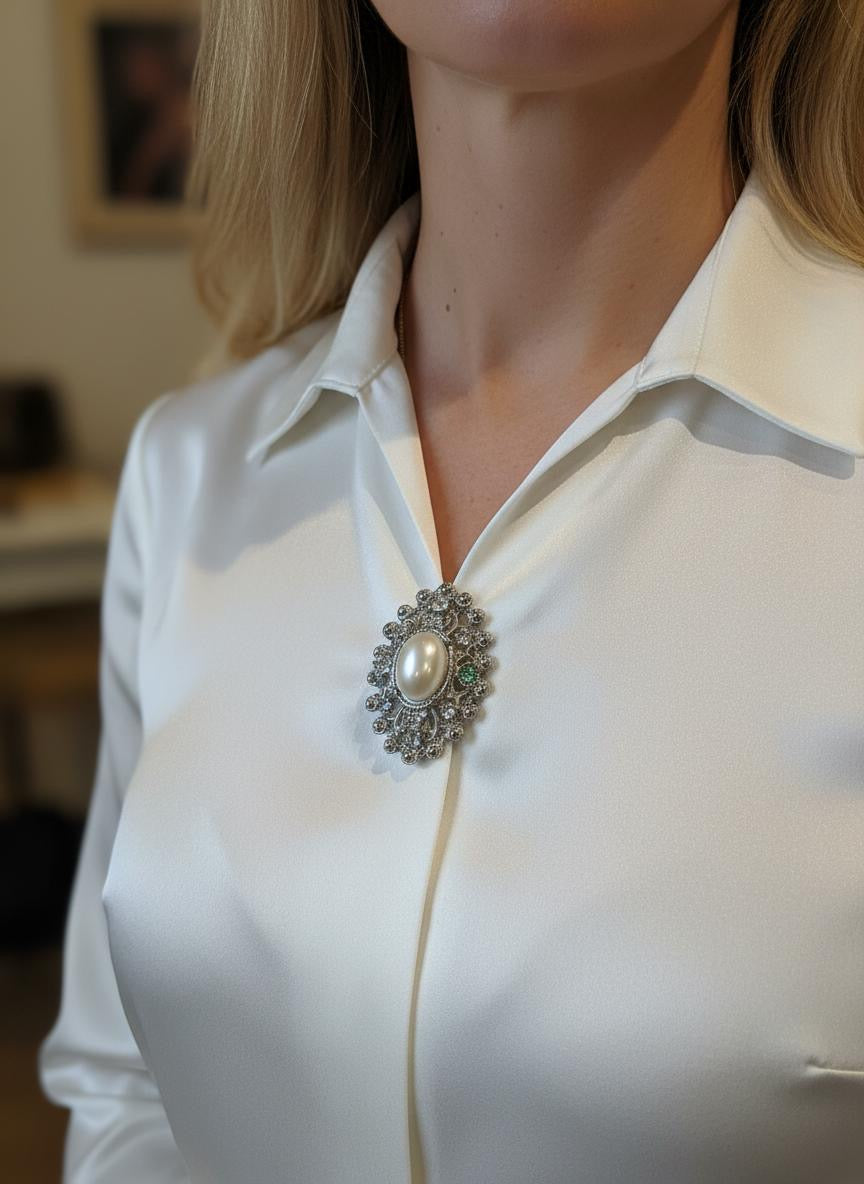 Silver Pearl Oval Brooch