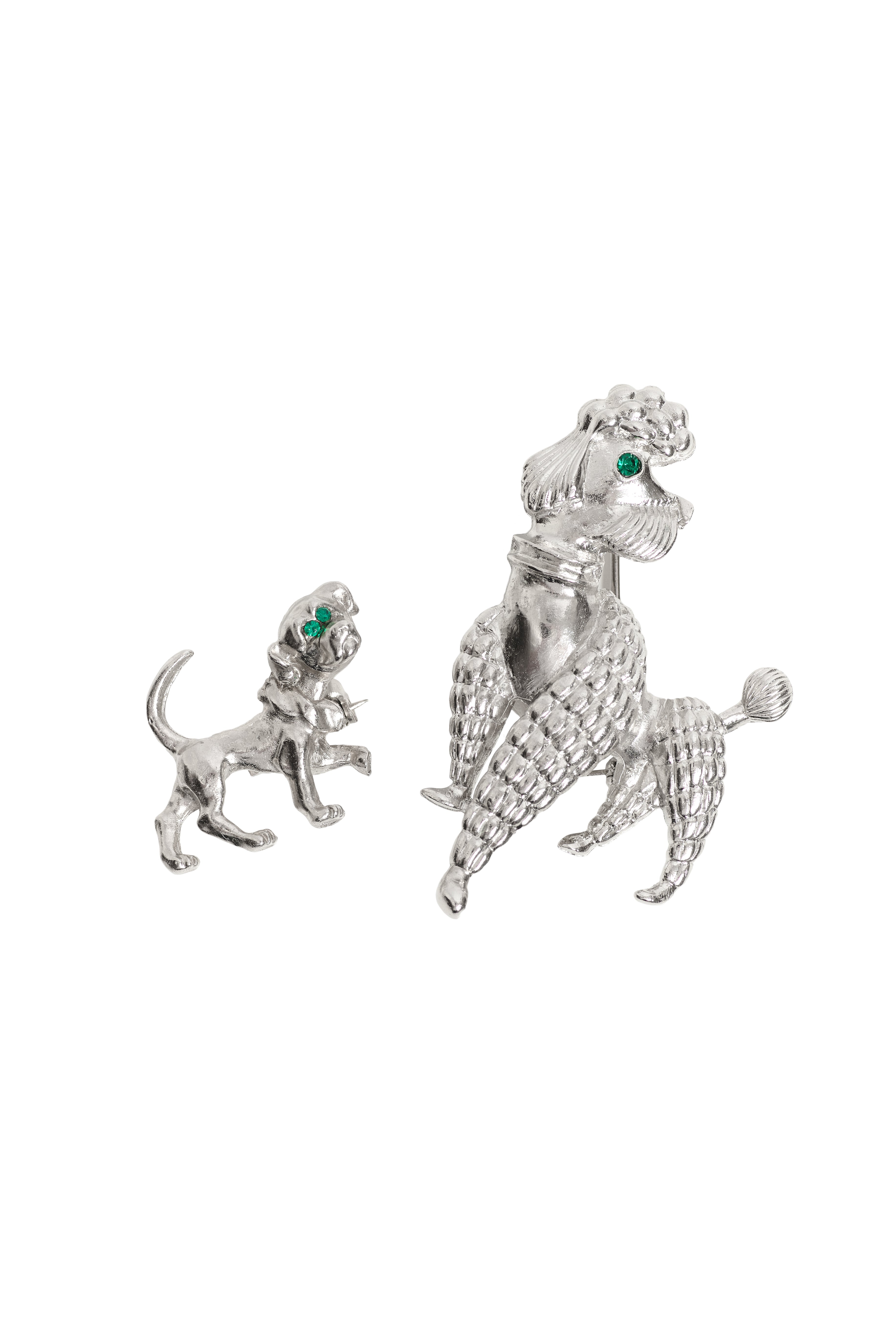 Silver Poodle & Puppy Brooch Pair