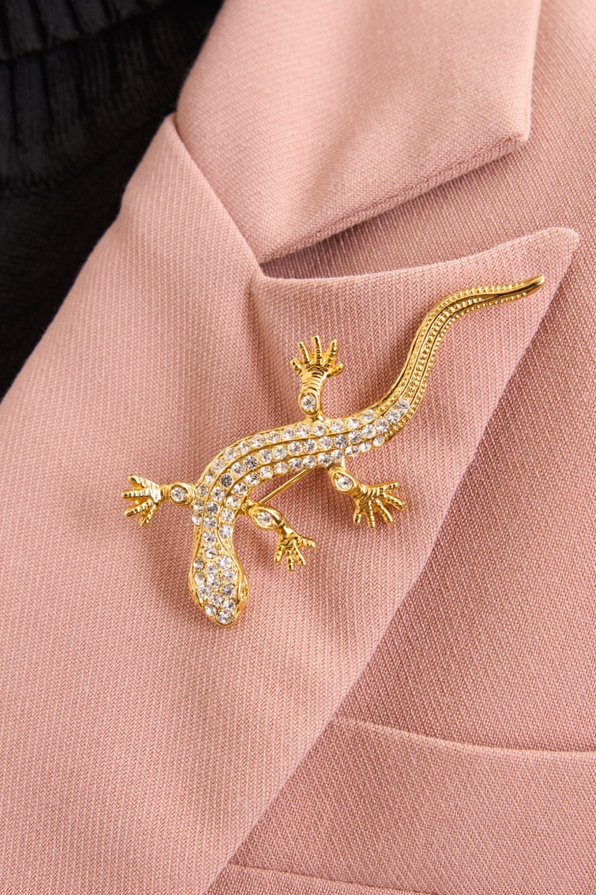 Gold Plated Crystal Lizard Brooch