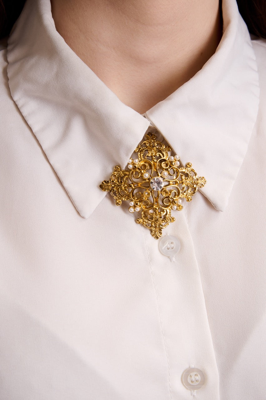 Gold Plated Ornate Cross Brooch with Pearls