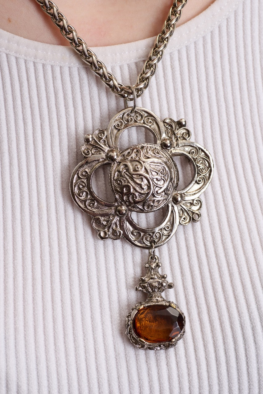Ornate Amber Pendant Necklace