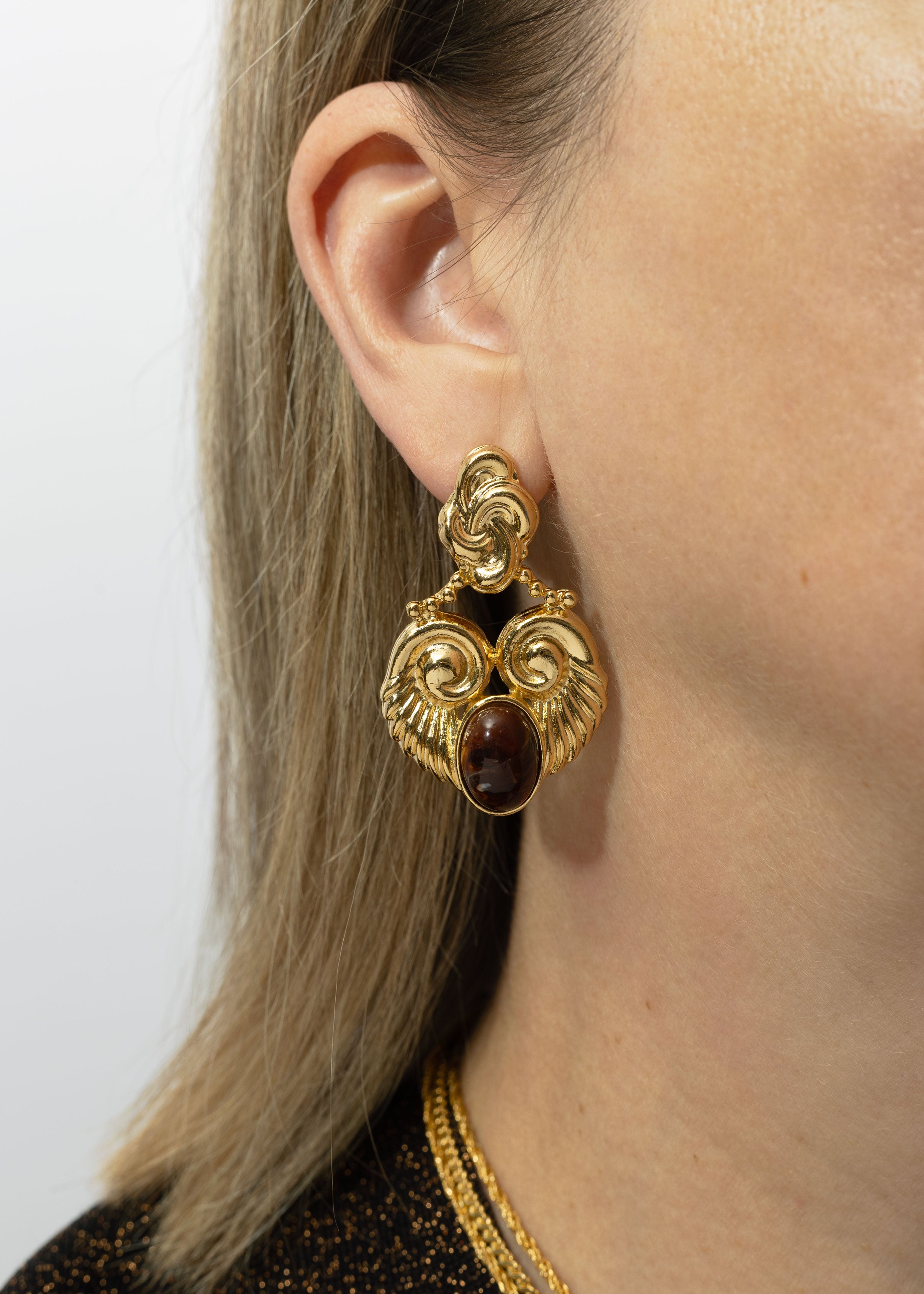 Gold Disco Earrings With Brown Accent