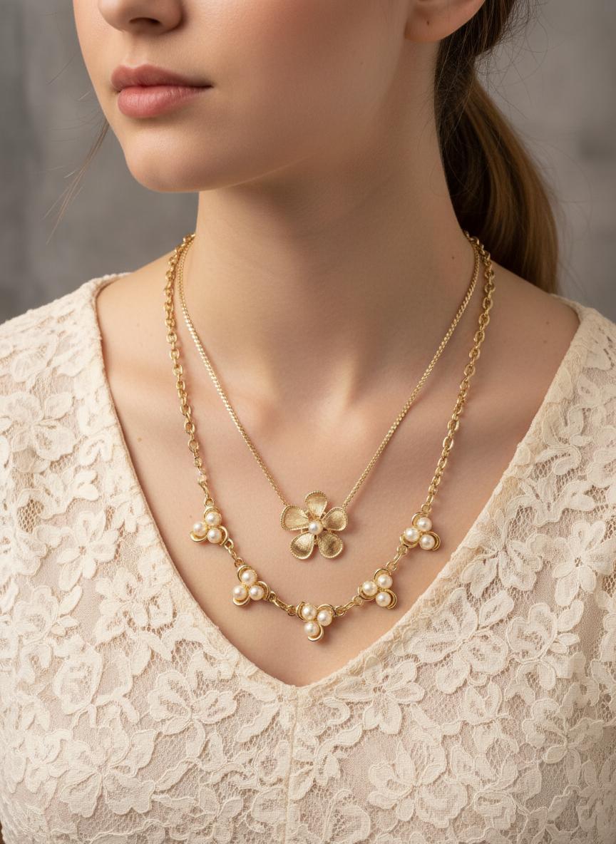 Floral Pearl Double Chain Necklace